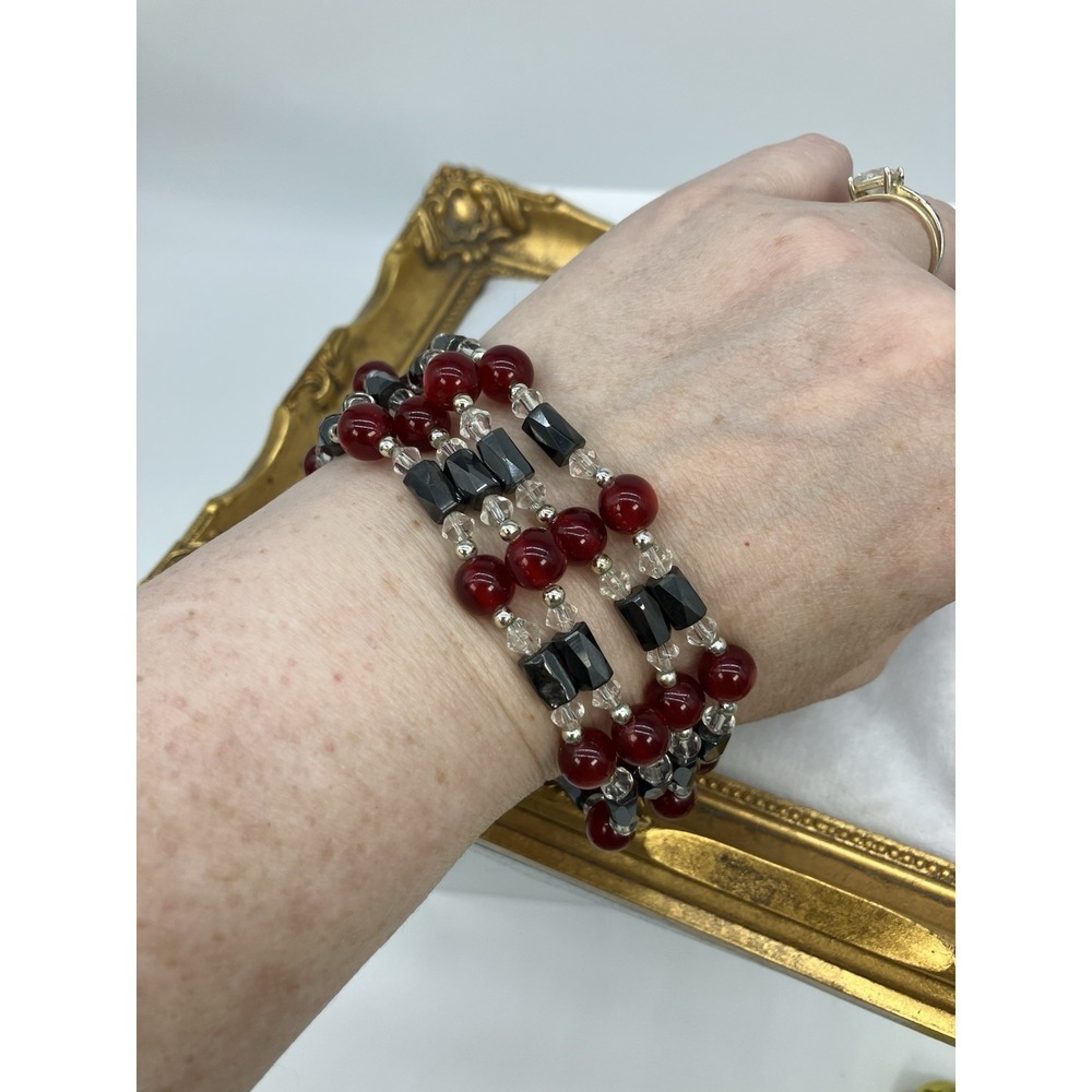 37" Magnetic Hematite Red Moonglow Clear Beaded Necklace‎ Bracelet Fidget Strand - Picture 3 of 5